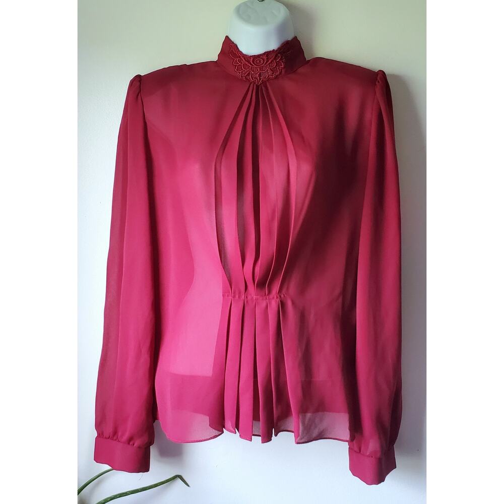Vintage At Once Womens Rose Pink Sheer Long Sleeve Blouse Size Large 80s Retro